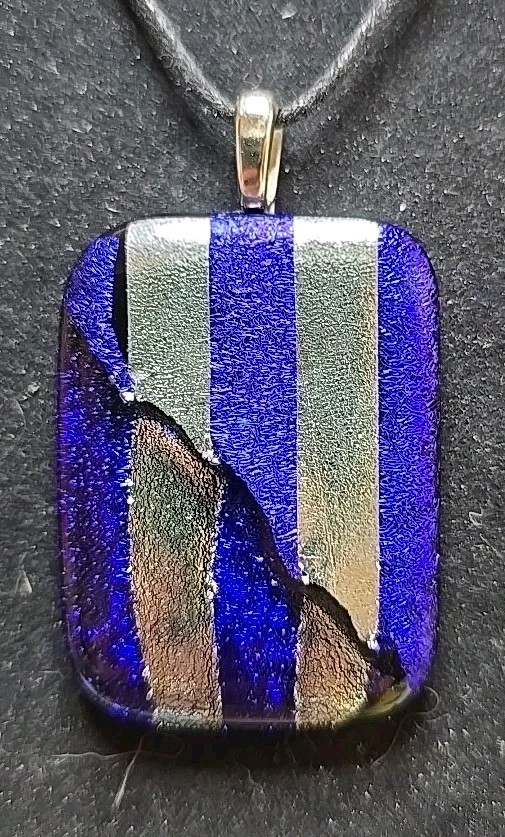 Dichroic Art Glass Pendant Fused/Hand Crafted Blue/Purple Striped Metallic