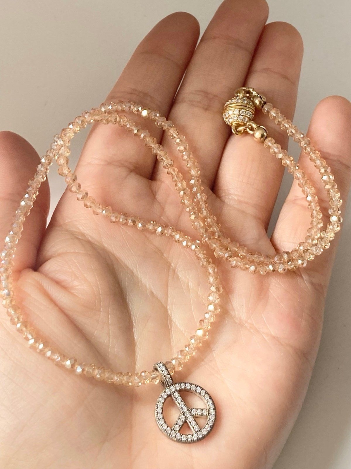 925 sterling silver peace sign charm crystal bead Necklace