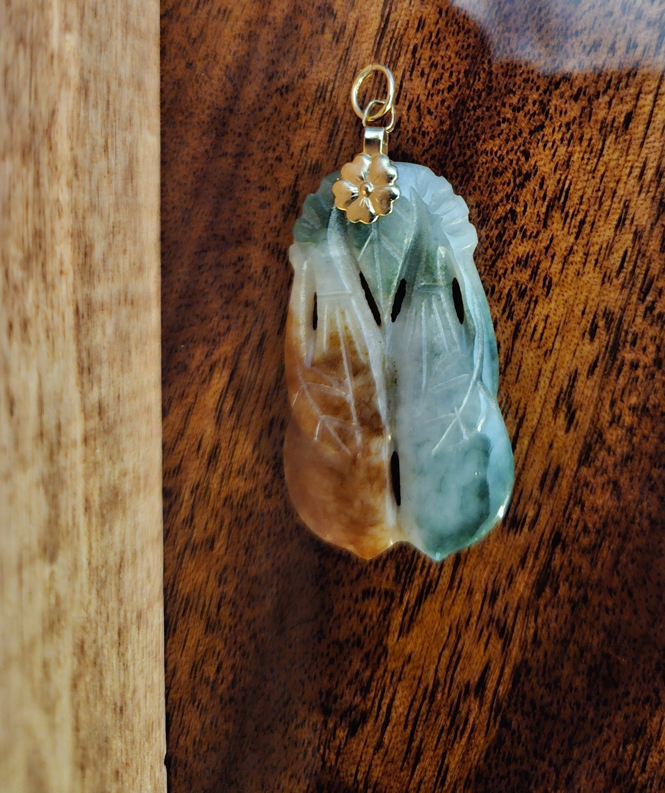 Hand-Carved Red & Green Jade Pendant With 10 kt Gold Fixture: Leaves/Flowers