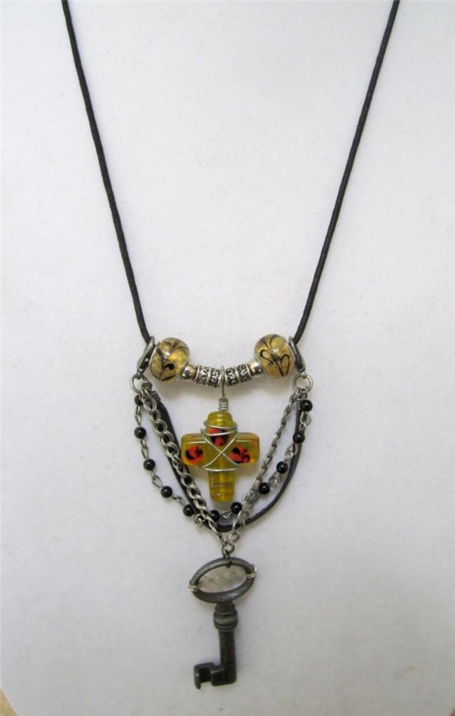 ANTIQUE SKELETON KEY Swarovski Crystals Glass CROSS Steampunk PENDANT NECKLACE