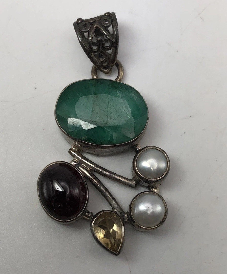 Emerald Pendant Amethyst Citrine And Freshwater Pearl Accents Set In Sterling