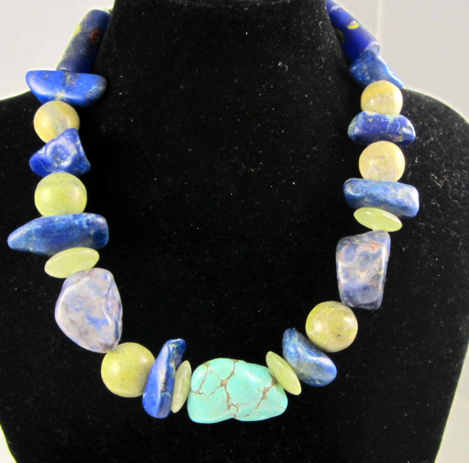 Vintage Estate Sterling Silver Lapis Lazuli Agate Turquoise Nugget Bead Necklace