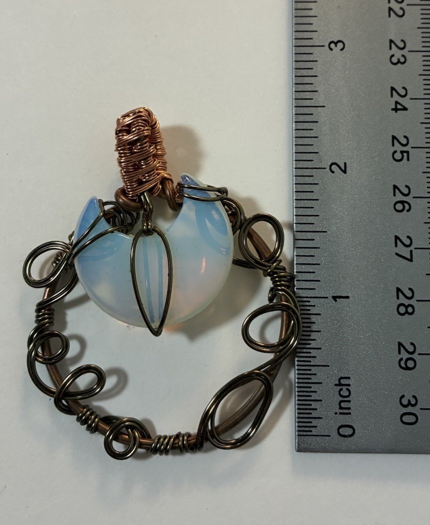 Handmade Wire Wrapped Opalite Crescent Moon Pendant Bronze Copper Tone Boho