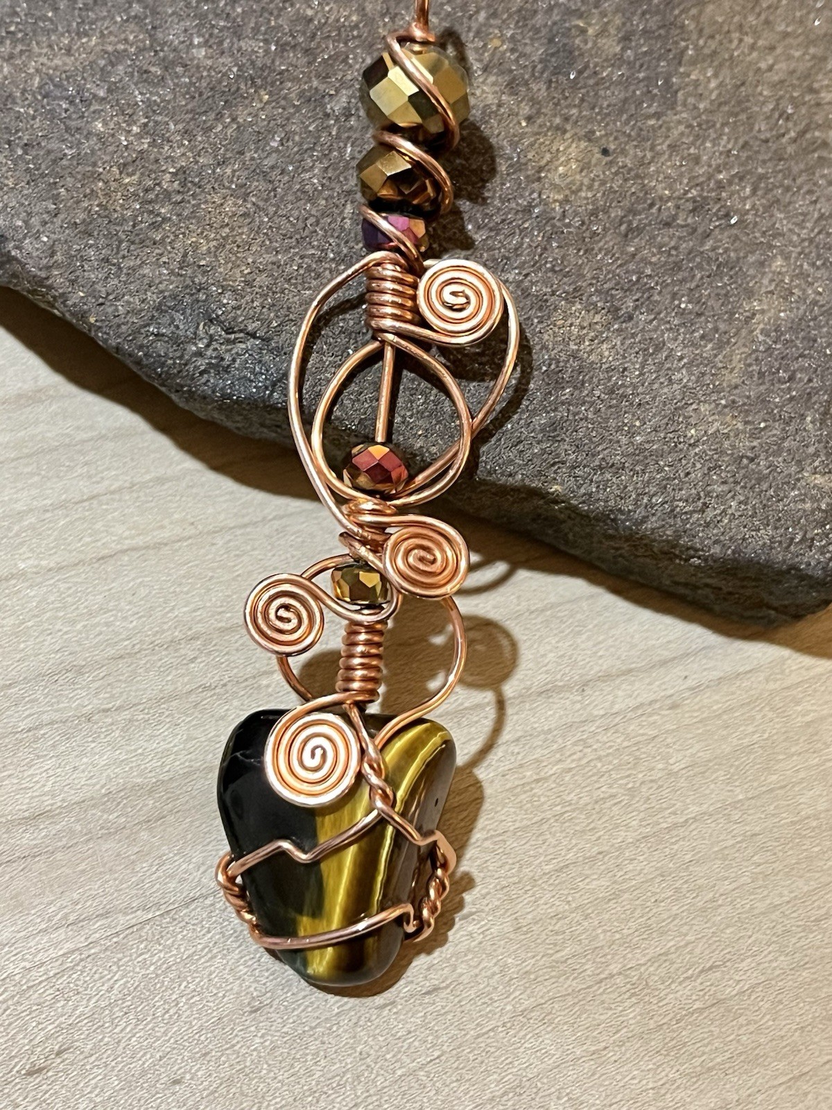 Hawkeye Blue Tiger’s Eye Gemstone Copper Wire Wrapped Pendant