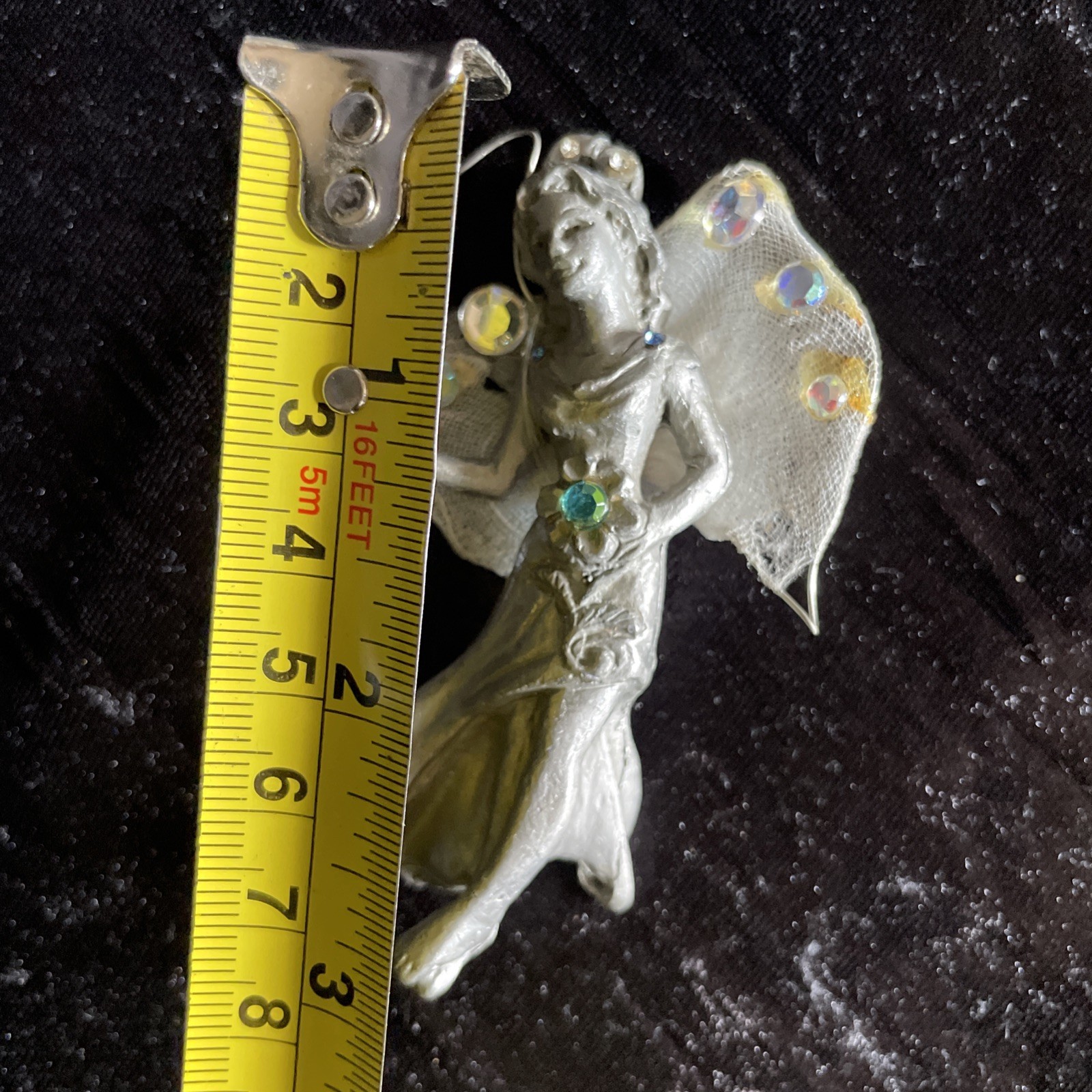 Vintage Cast Pewter Large Fairy Pin/Pendant Beautiful Angel Wings Crystal RARE