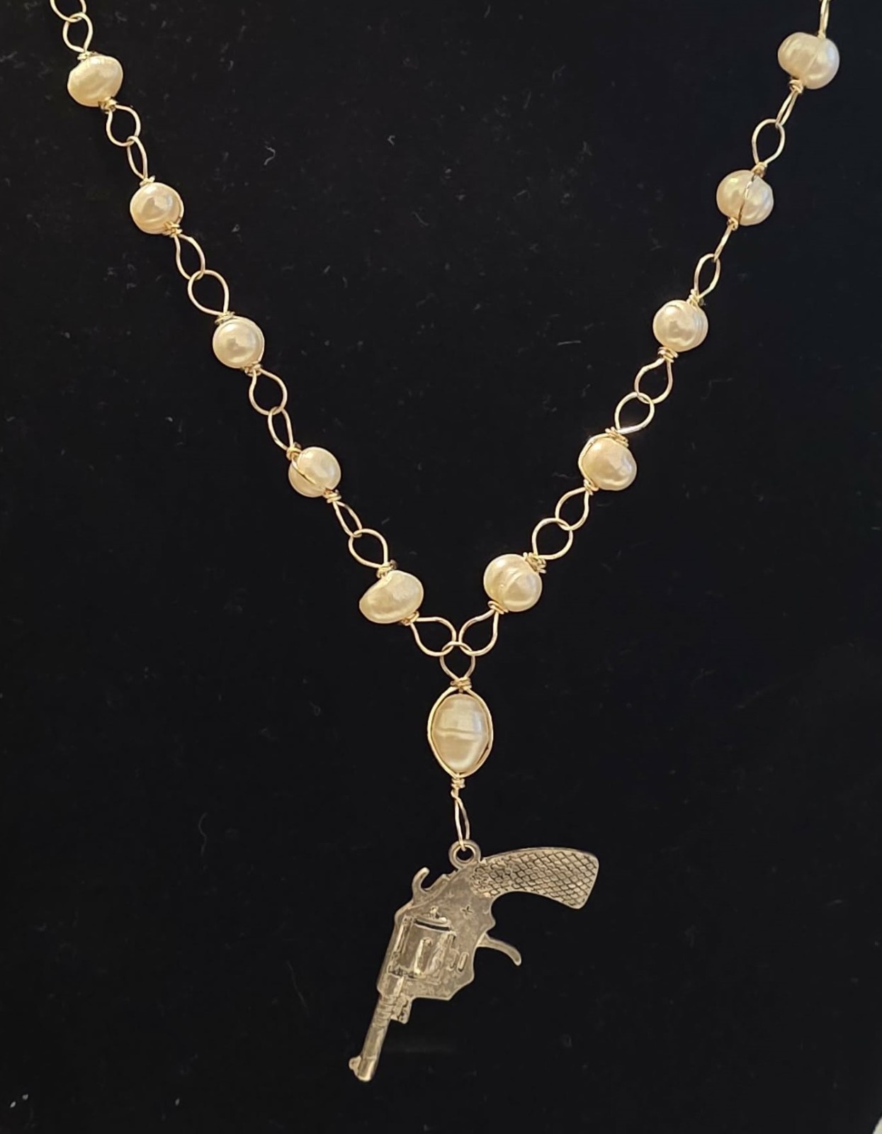 Old West Firearm Pendant 24 inch Handmade White Fresh Water Pearls Necklace