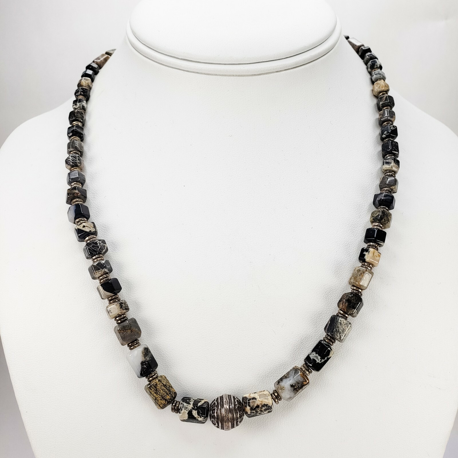 Artisan Handmade Beaded Agate Jasper Necklace with Silver Bead Clasp 19.25 Inch