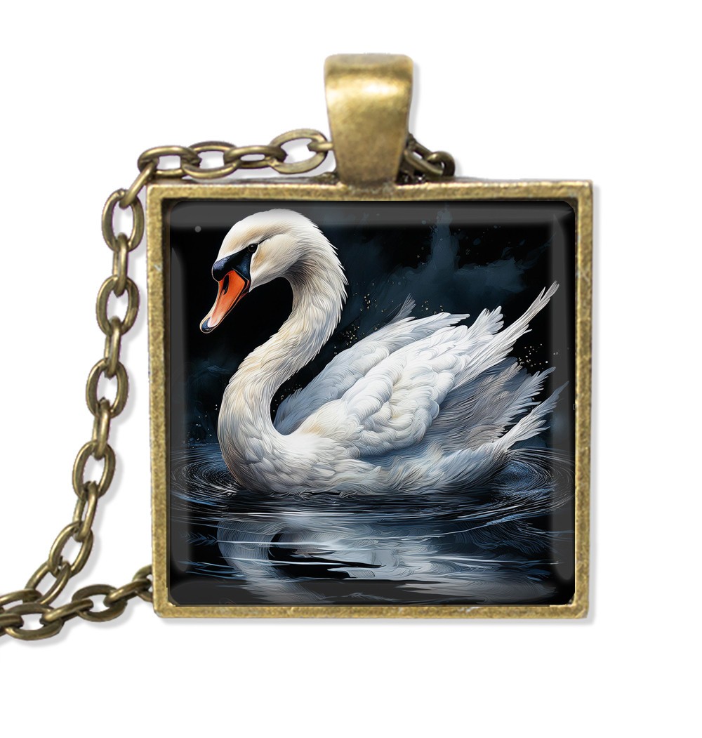 White Swan Bird – Handmade SQUARE Glass Pendant Necklace 25mm