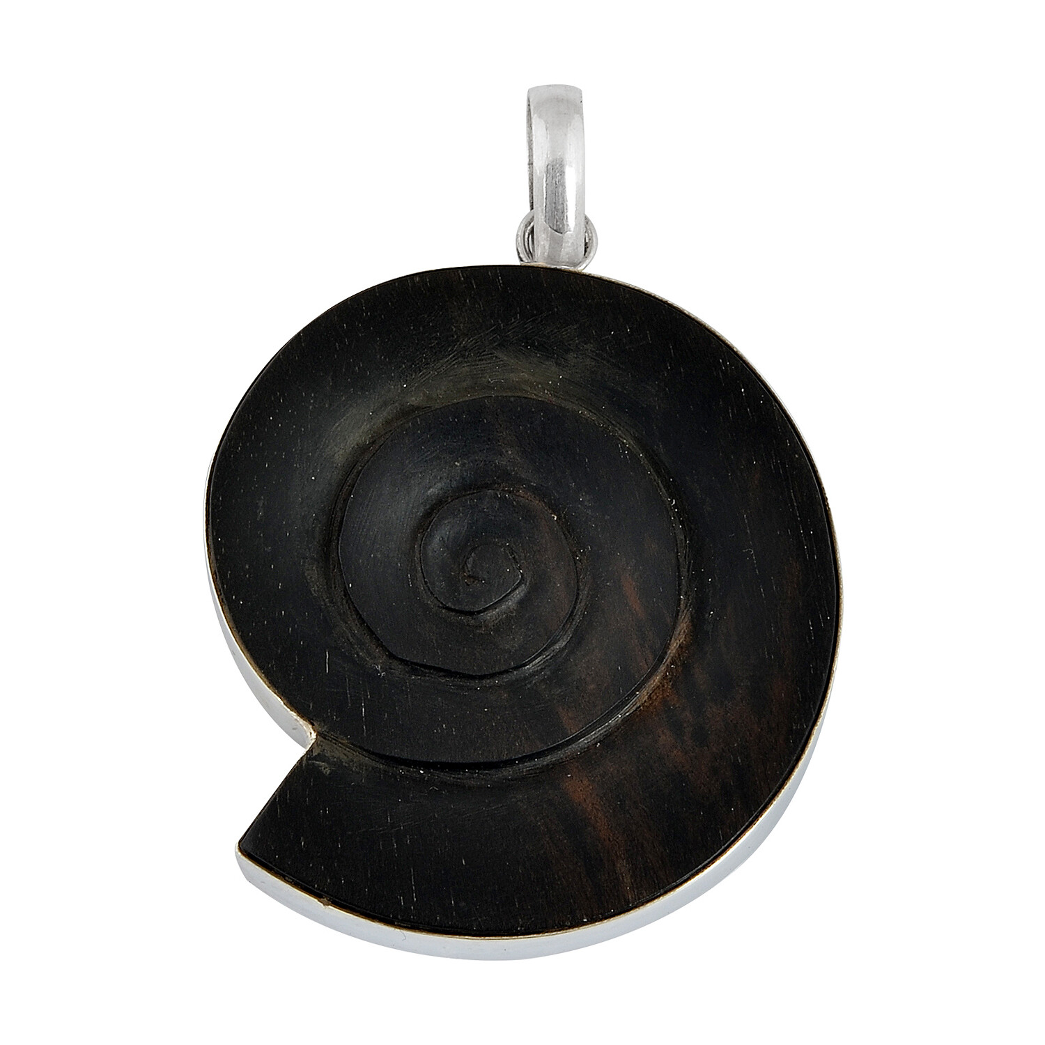 Artisan Crafted Sterling Silver and Carved Ammonite Ebony Wood Jewelry Pendant