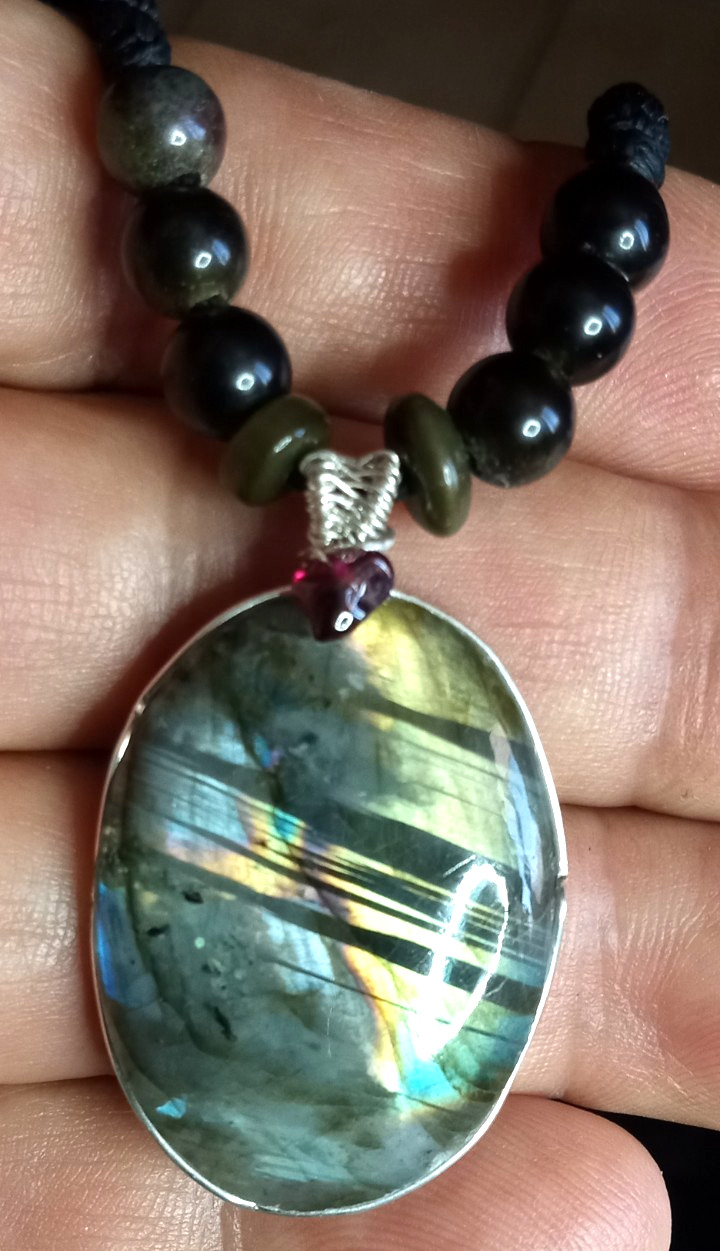 Labradorite with 6 mm Gold Obsidian beads, adjustable, hand braided Necklace.