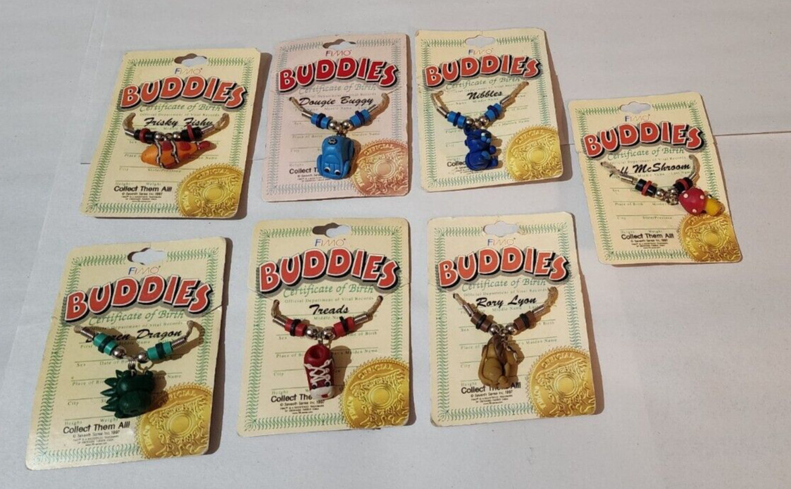 7 Vintage 1997 Seventh Sense Fimo Buddies Necklace Lion Mushroom Car ++