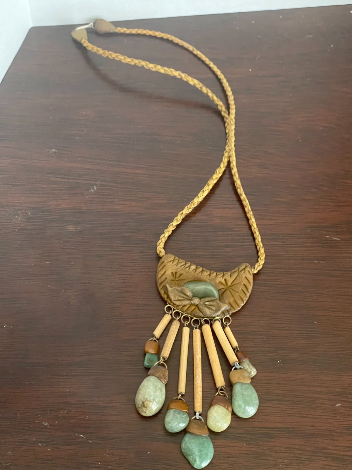 Artisan Crafted Necklace Tooled Leather Bamboo and Jade Gemstones Ethnic Tribal