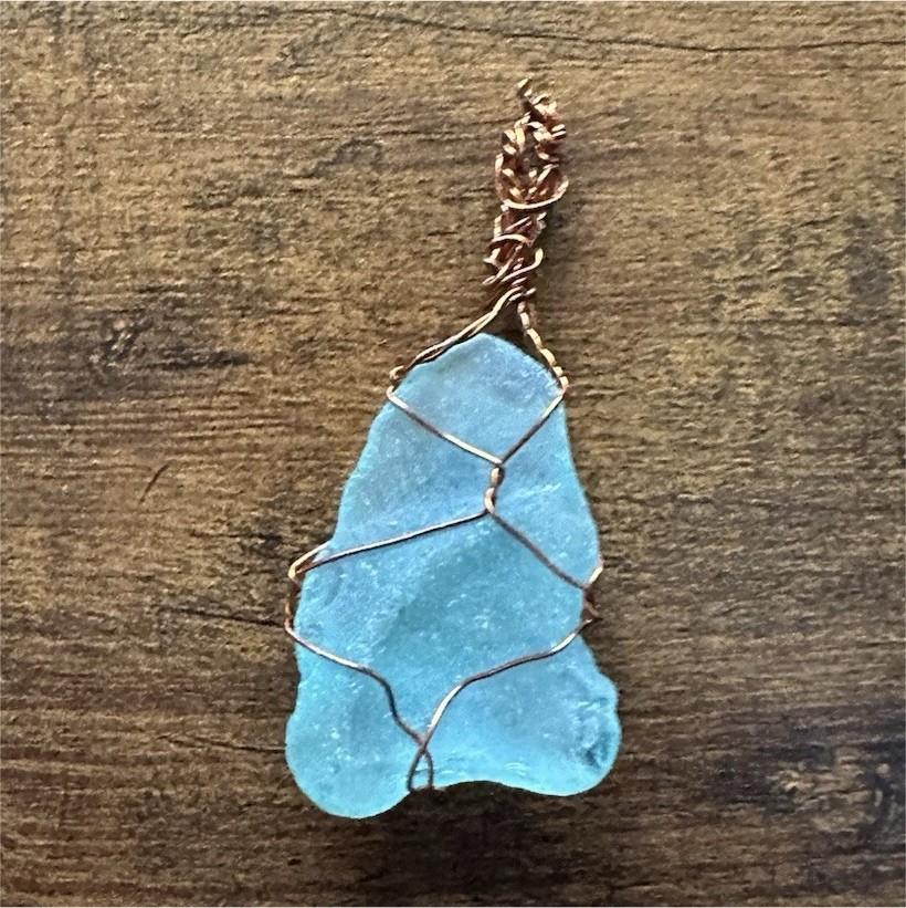 Handcrafted Wire Wrapped Blue Sea Glass Pendant Charm Copper Nature Beach