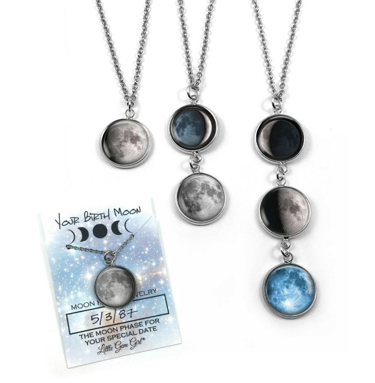 Stainless Steel Custom Birth Moon Necklace with 1, 2, 3, or 4 Lunar Phase Charms