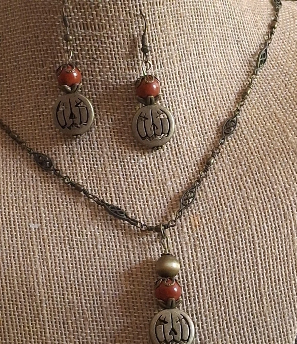 Halloween Pumkon Head Charm Necklace & Earringd Bronze Color Terracotta Beads