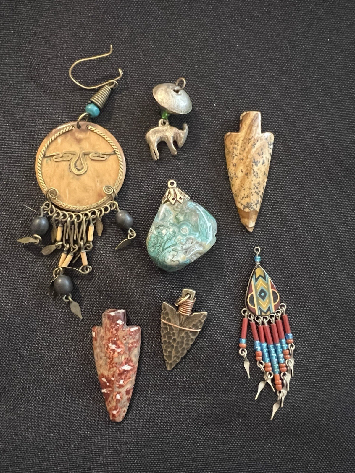 7 Pc Southwestern Boho Pendant Charm Lot Stone Arrowheads Agate Jasper