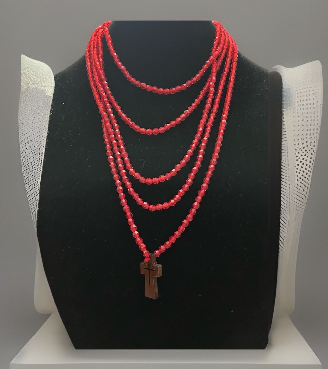 Incredibly Long Red Beaded Necklace Handmade Wooden Cross Pendant 100” GBB