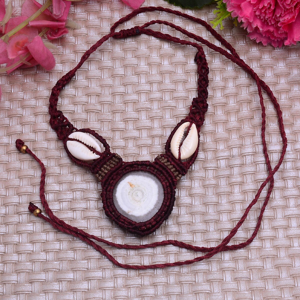 Healing Natural Solar Quart Cowrie Shell Boho Macrame Gemstone Handmade Necklace