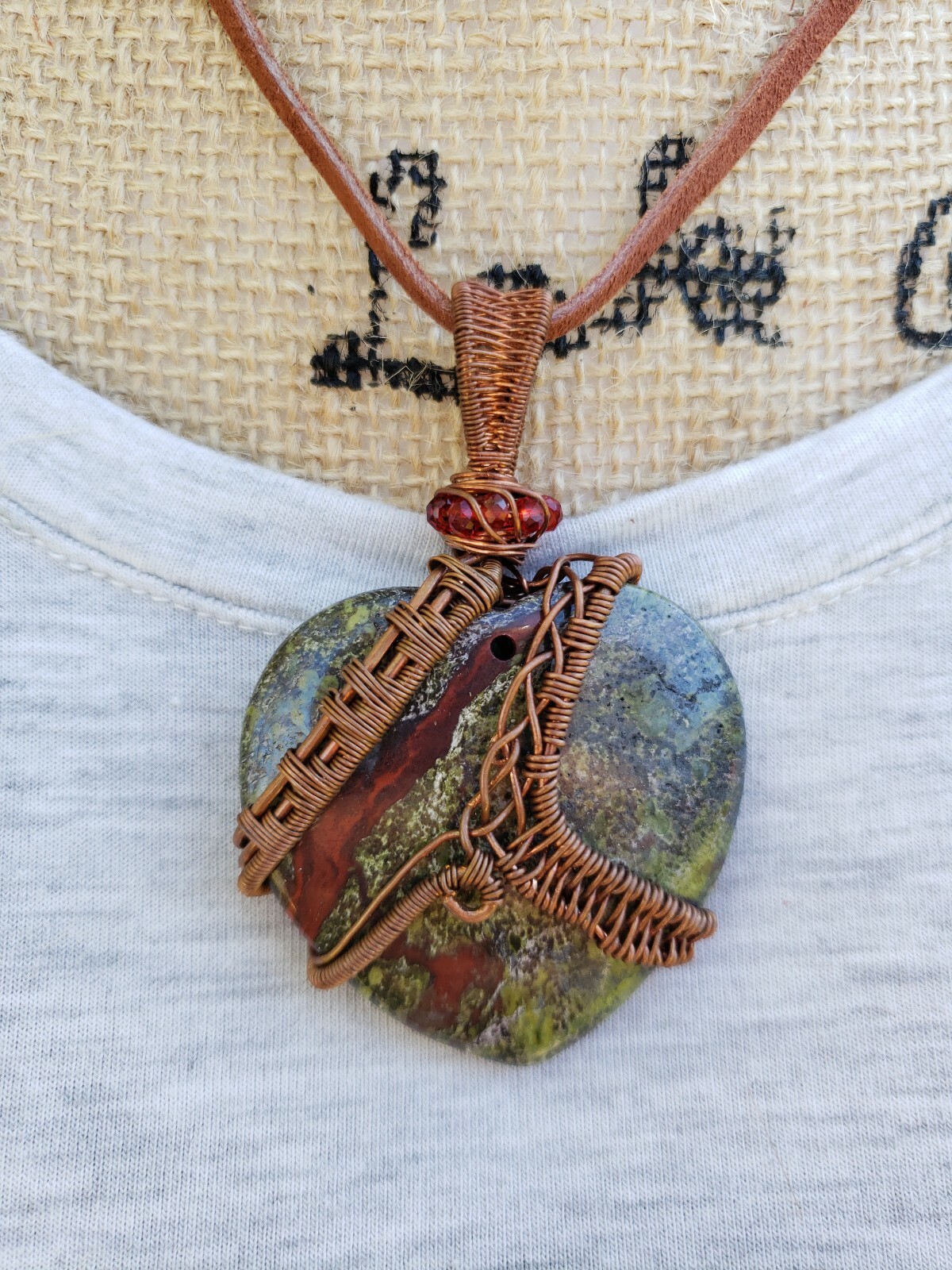 Natural Dragon Bloodstone Jasper Wire Wrapped Copper Pendant Handmade Jewelry