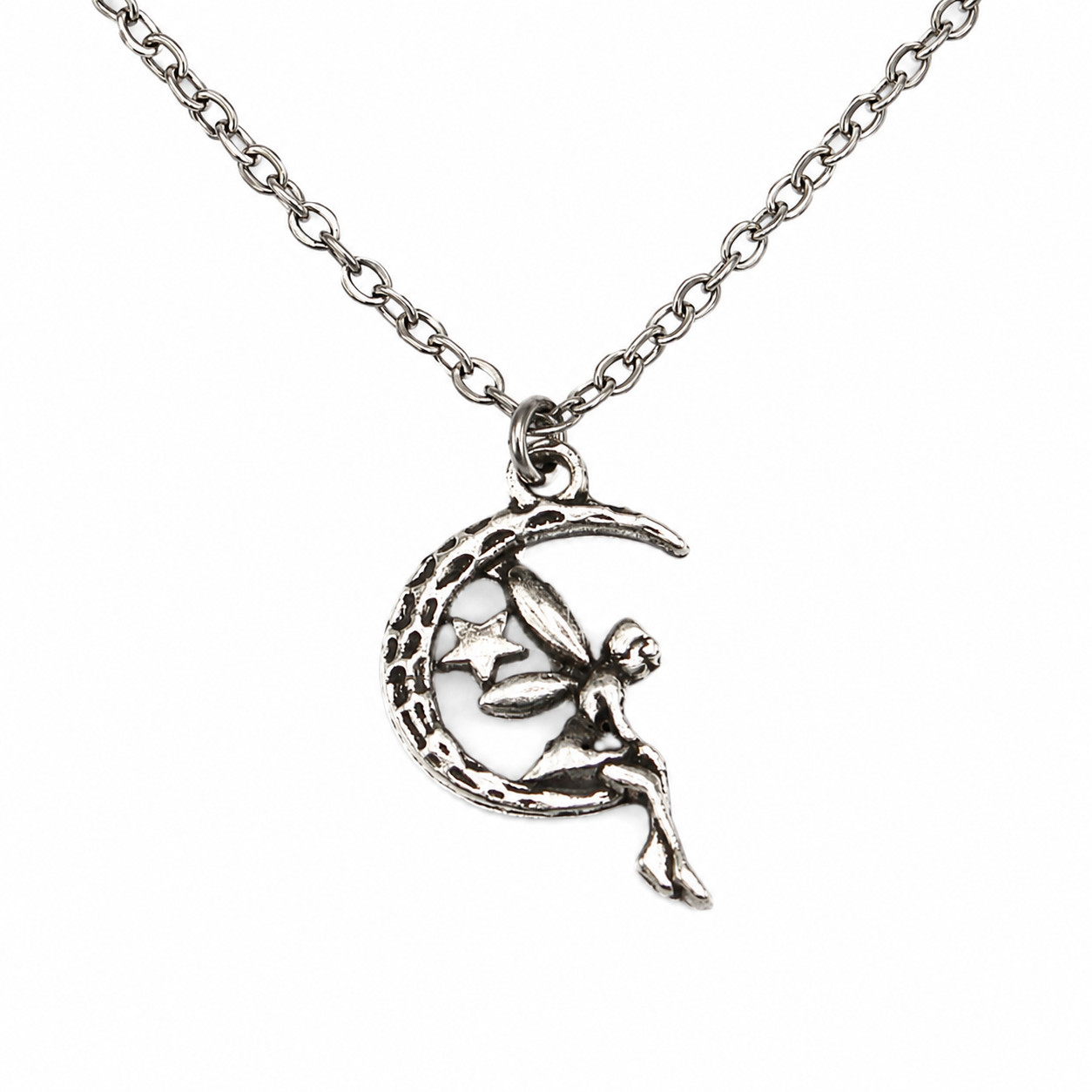 Fairy on Crescent Moon Necklace– Antique Silver Charm– Surgical Steel Rolo Chain