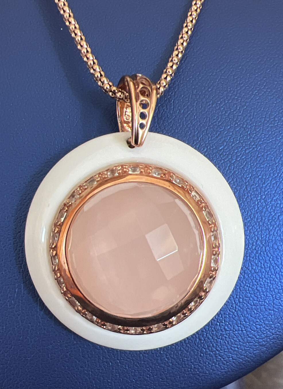Signed N 925 Sterling Pendant Pink Agate & Diamonds 18” Rose Gold Necklace