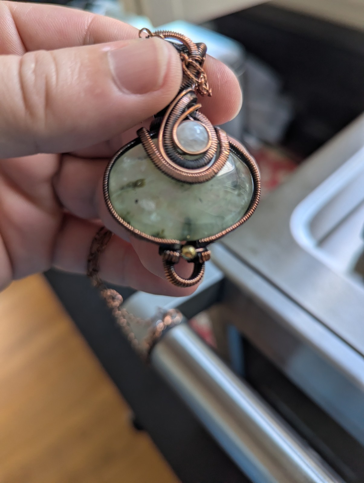 Oval Prehnite & Opal Copper Wire Pendant With Copper Chain