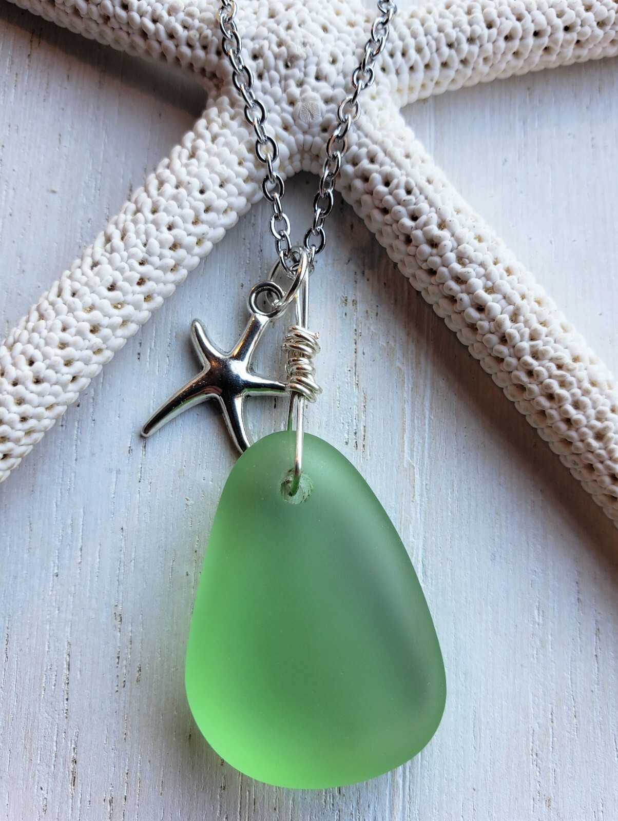 Sea Glass Necklace Jewelry w/ Spring Green Pendant & Silver Starfish Charm