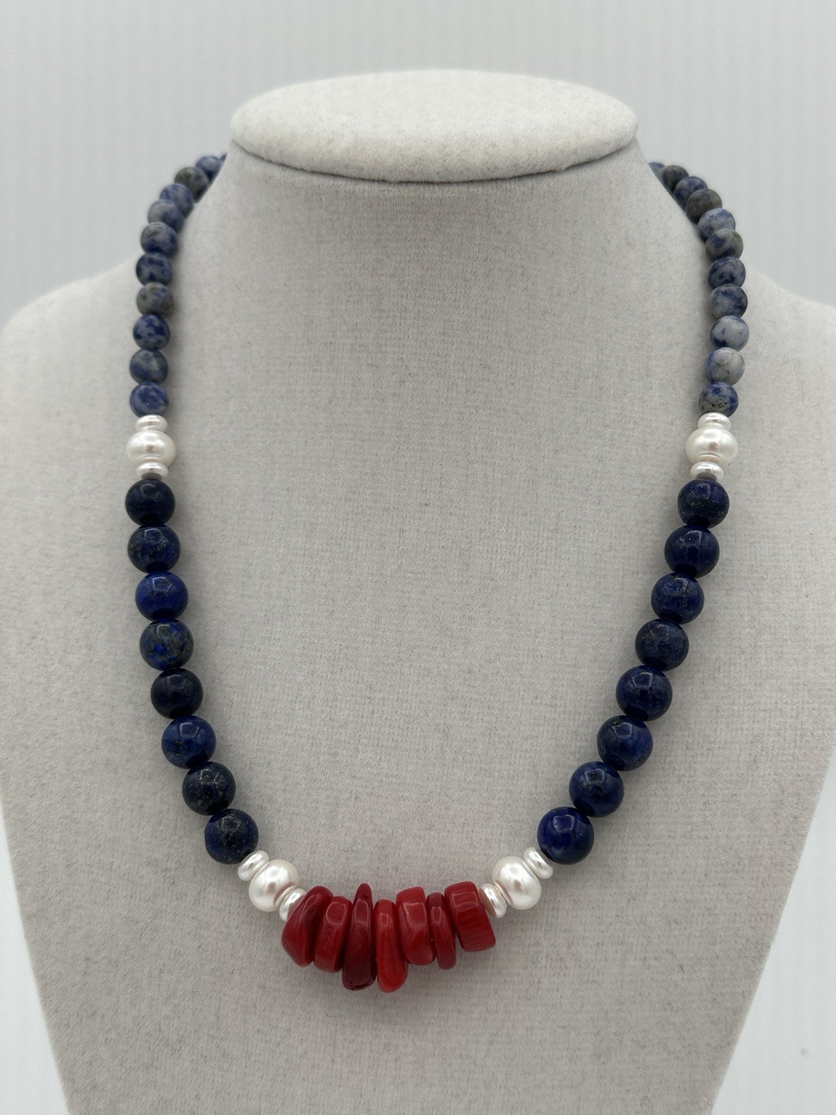 17″ Americana, Red Bamboo Coral, Lapis Lazuli, Sodalite & Glass Pearls Necklace