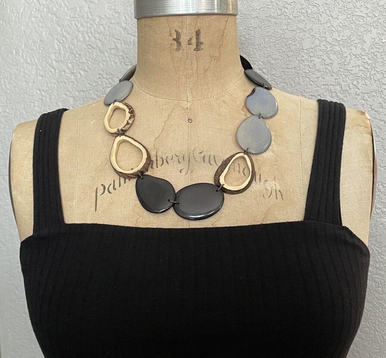 Gray, Black & Coconut Tagua Nut & Acai Necklace, Vegetable Ivory Jewelry