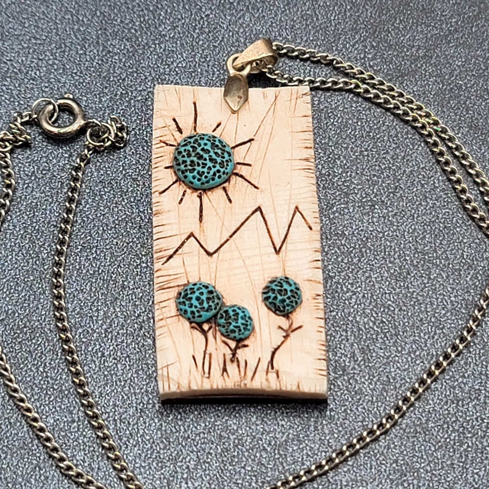 Artisan Hand Made Wood Burning Pendant Necklace Flowers Mountains Silver tone 18