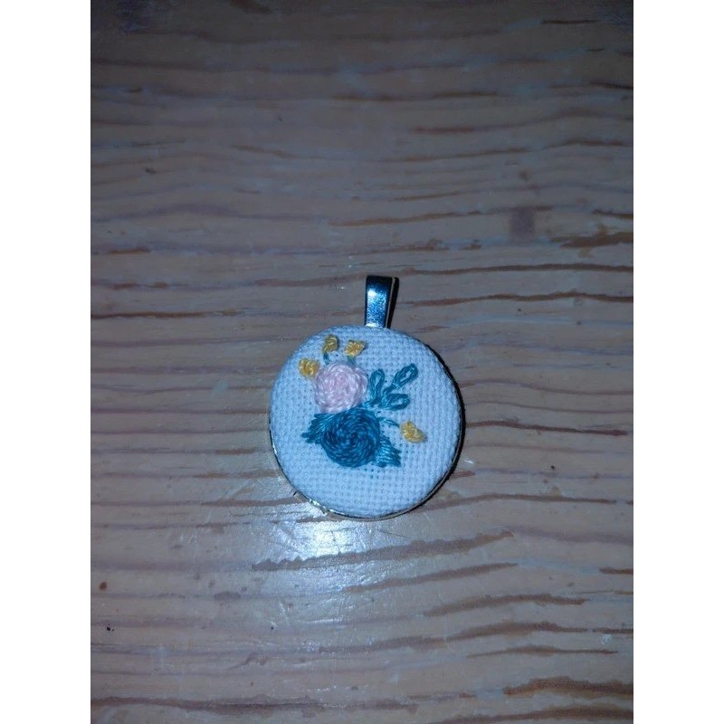 Handmade Embroidered Floral Pendant Charm Blue Pink Rose Silver Tone Circle