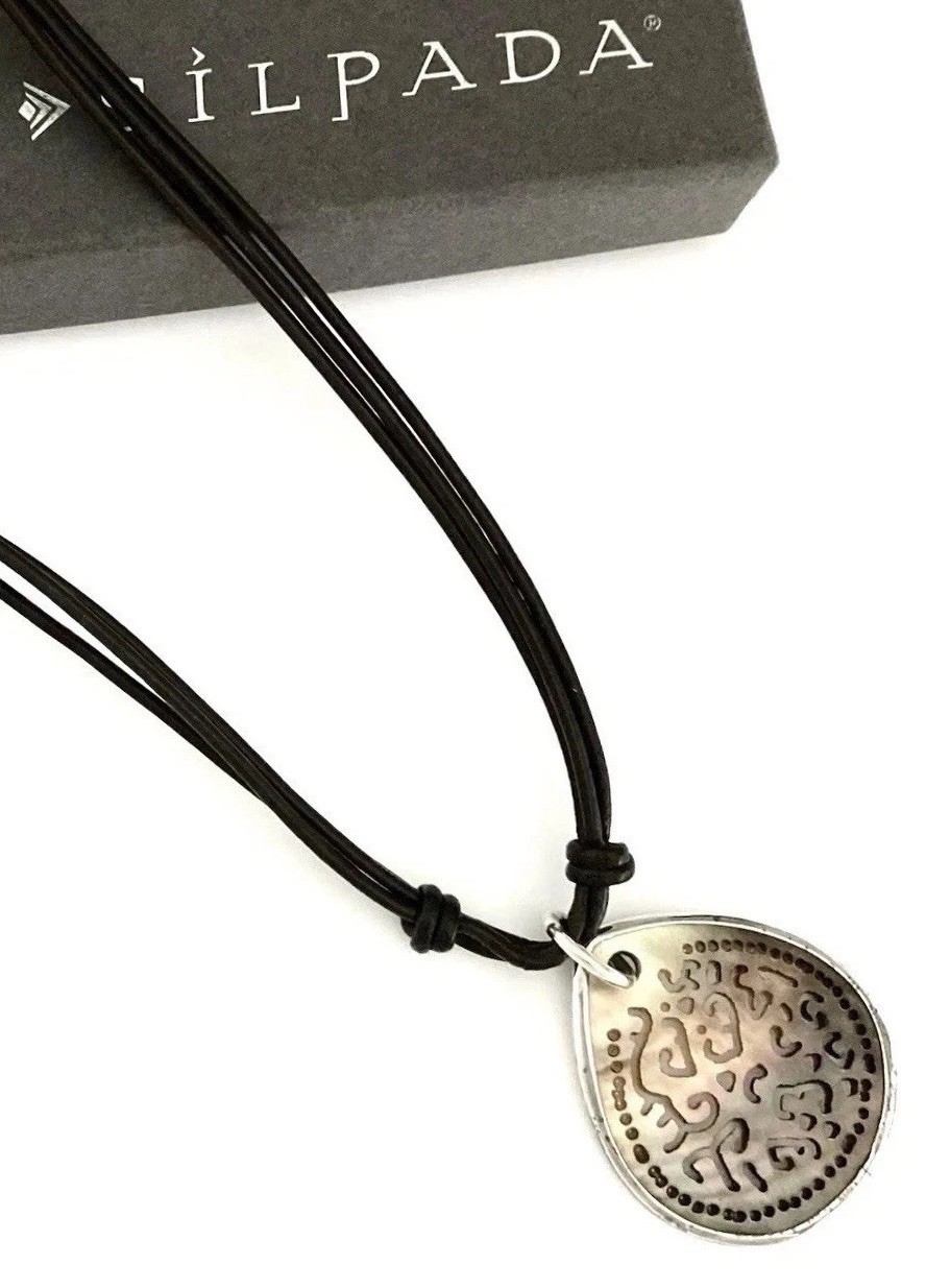 SILPADA Sterling Silver CARVED BLACK LIP SHELL Brown Leather Necklace~#N1446