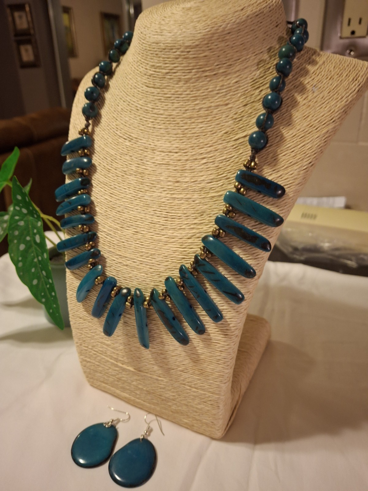 TAGUA Nut NECKLACE, ACAI SEED organic Jlry Blue, Bronze Beads handmade ECUADOR