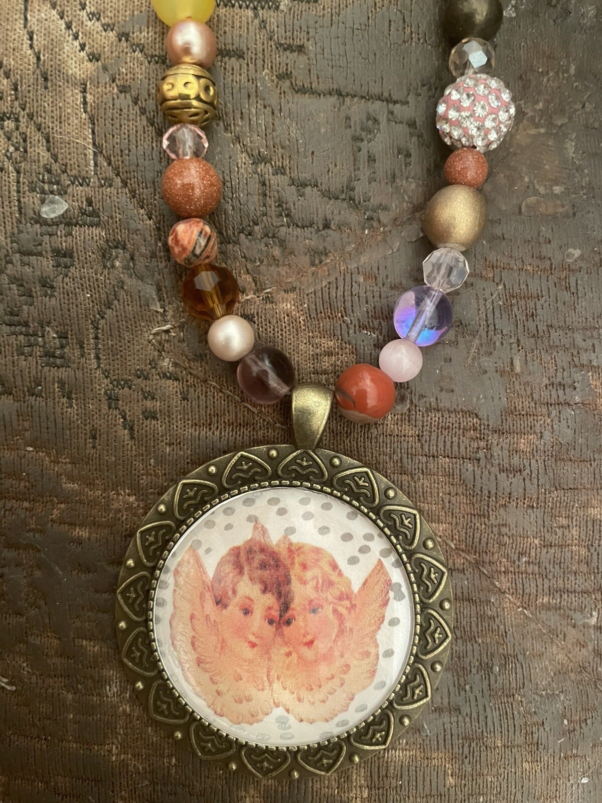 Victorian Angels Brass Celestial Filigree Pendant Agate Crystal Bead Necklace