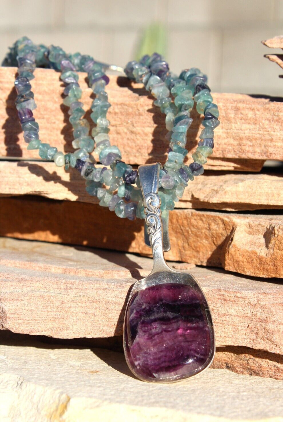 Fluorite Pendant. Setting is a Vintage Sterling Silver-Plated Sugar Spoon.