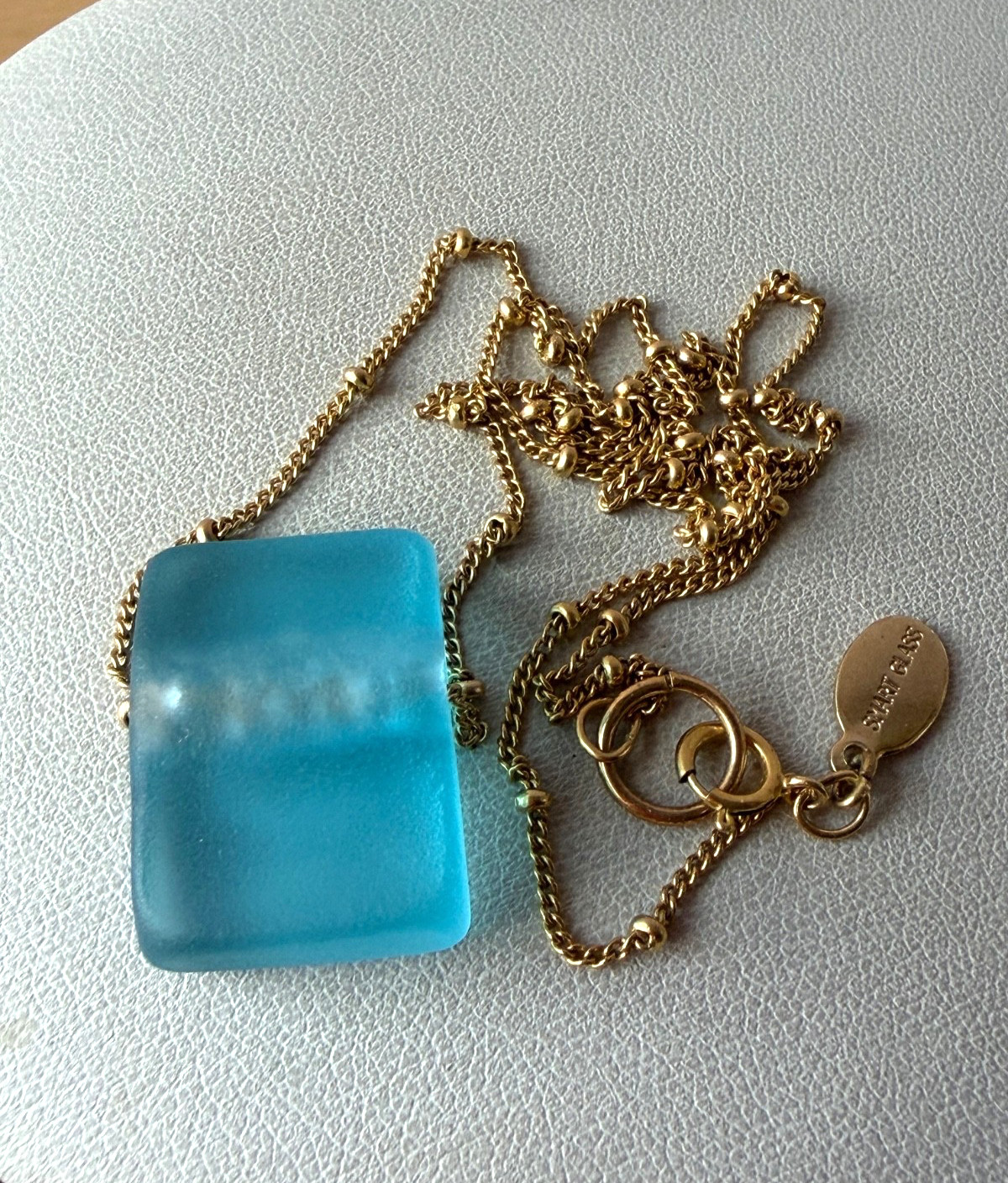 14K Yellow Gold Filled GF Turquoise Blue Sea Glass Necklace Smart Glass Designer