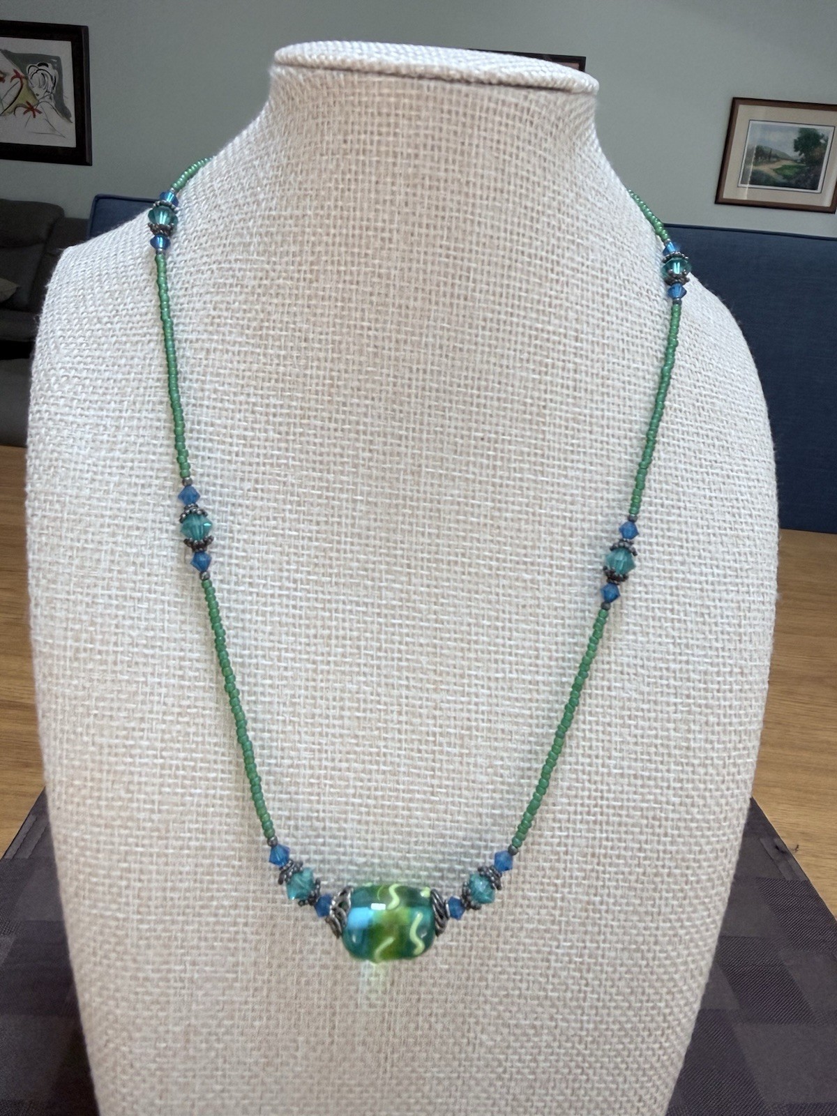 Artisan Sterling Silver Lampwork Glass Focal Bead Crystal Beaded Necklace 18″