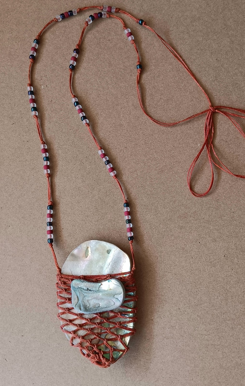 Natural Boho Style Knotless Netted, Sea Worn Abalone Piece Pendant