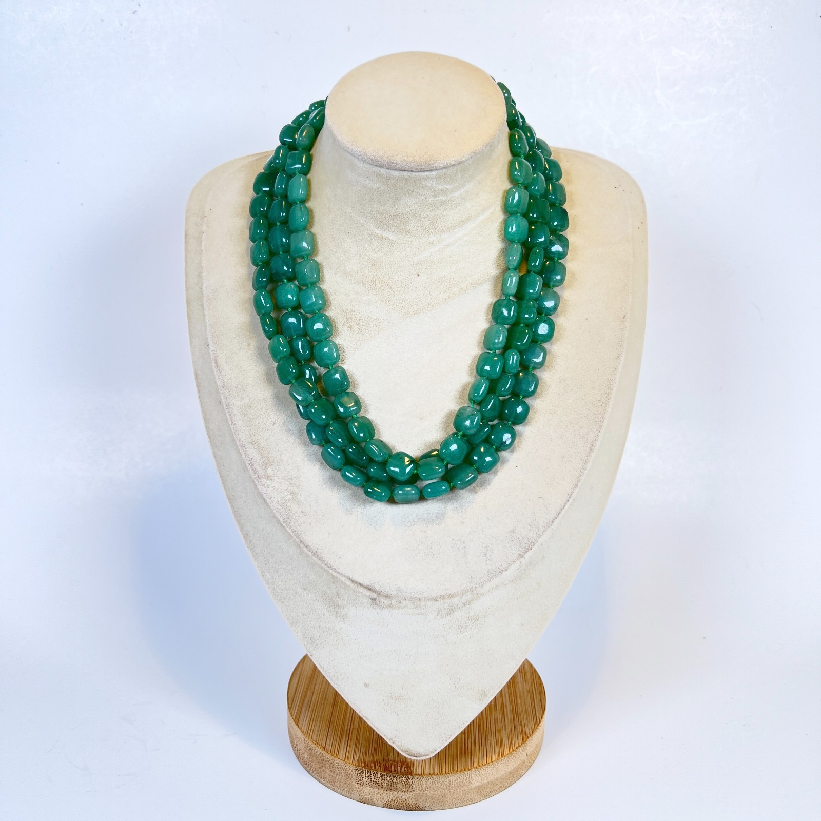 3 Strand Choker Necklace w/ Long Extender Natural Green Aventurine Square Cube