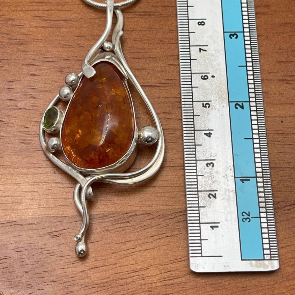 Huge Pear Shape Amber Pendant Necklace with Peridot Silver One of Kind Jewelry