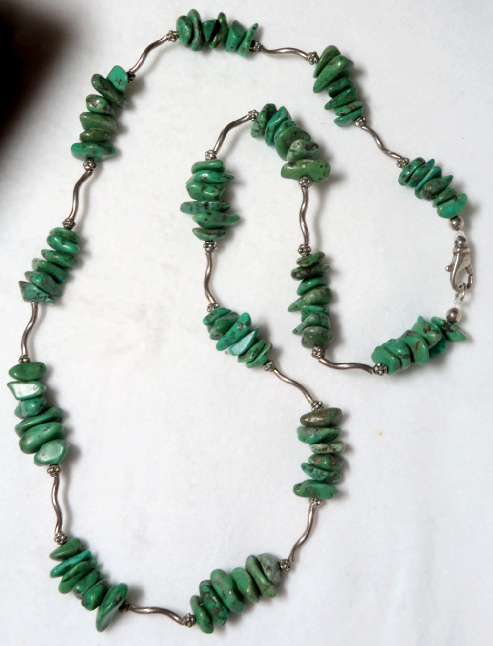VINTAGE NAVAJO STERLING SILVER TURQUOISE LONG NECKLACE ~ 24″ LONG