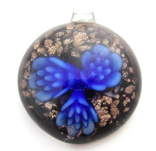 Vibrant Blue Flowers Black Base Copper Splatter Hand Blown Glass Circle Pendant
