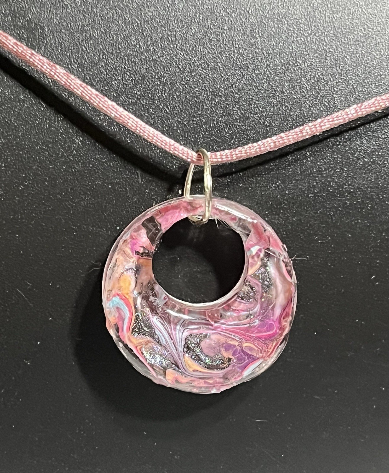 24“ Multicolored, Glittery, Swirled Resin Pendant On Satin Cord & Lobster Clasp