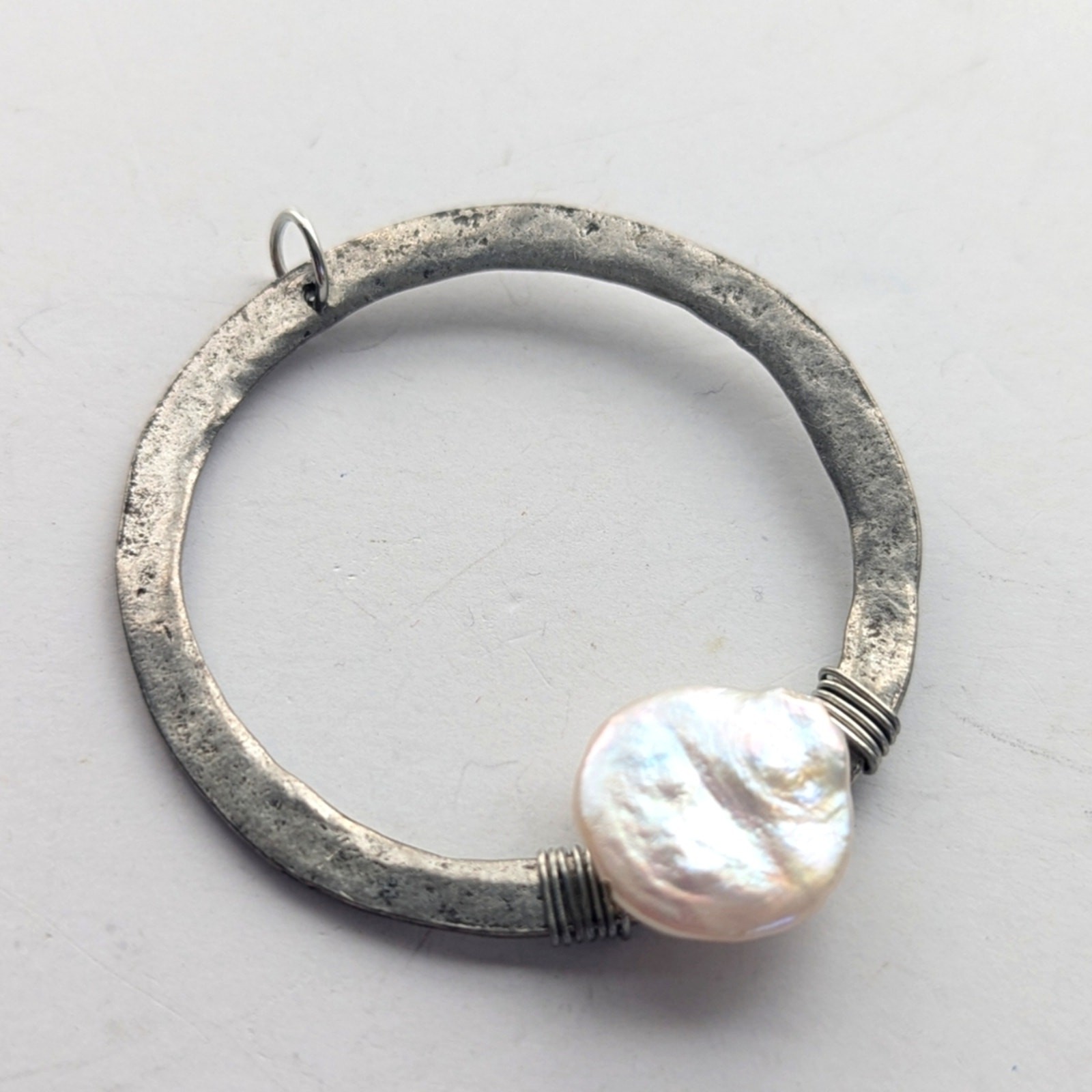Artisan Hammered Silver Tone Wire Wrapped Baroque Coin Pearl Necklace Pendant