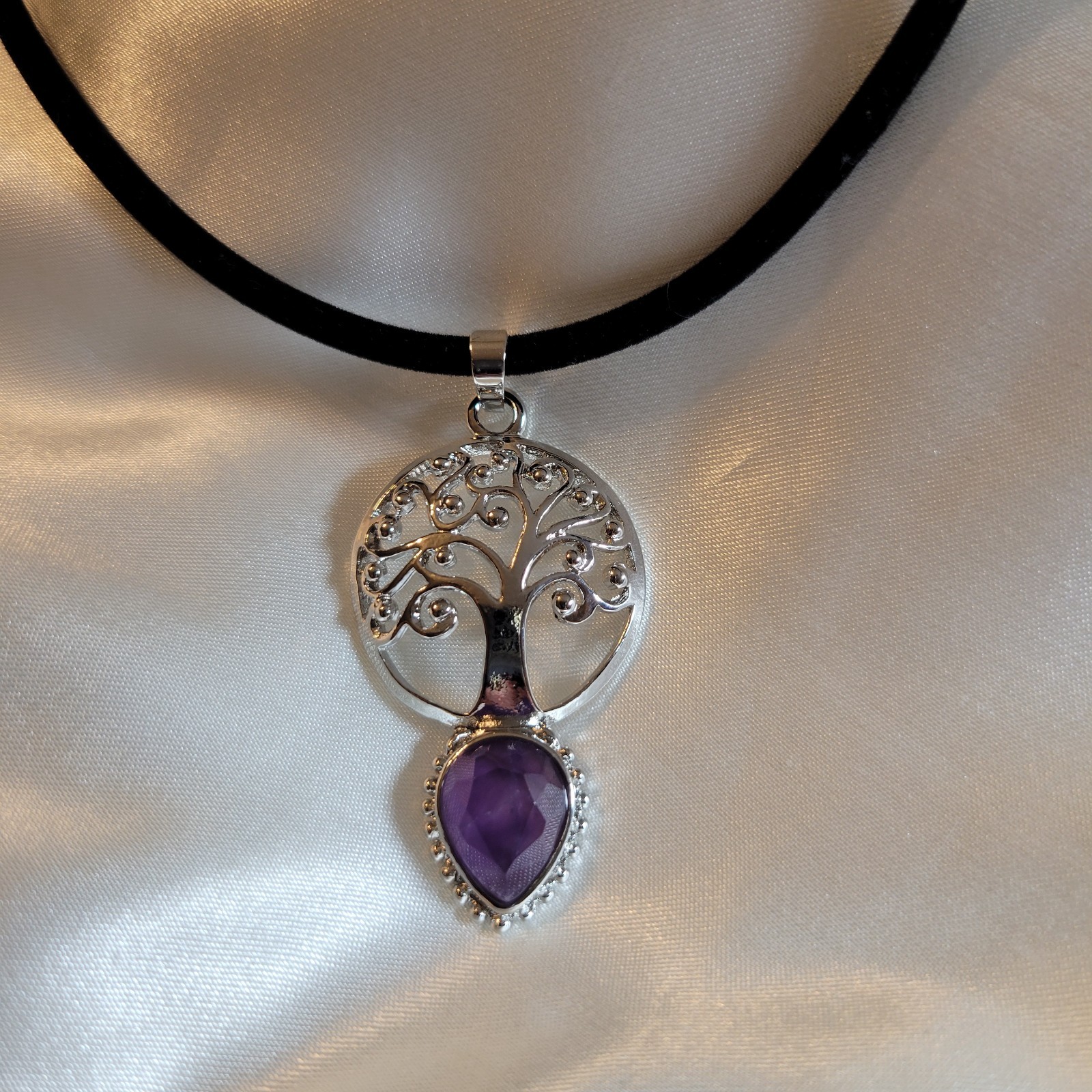 Tree Of Life Amethyst Pendant Gemstone Necklace/Choice Black Velvet Cord /Chain