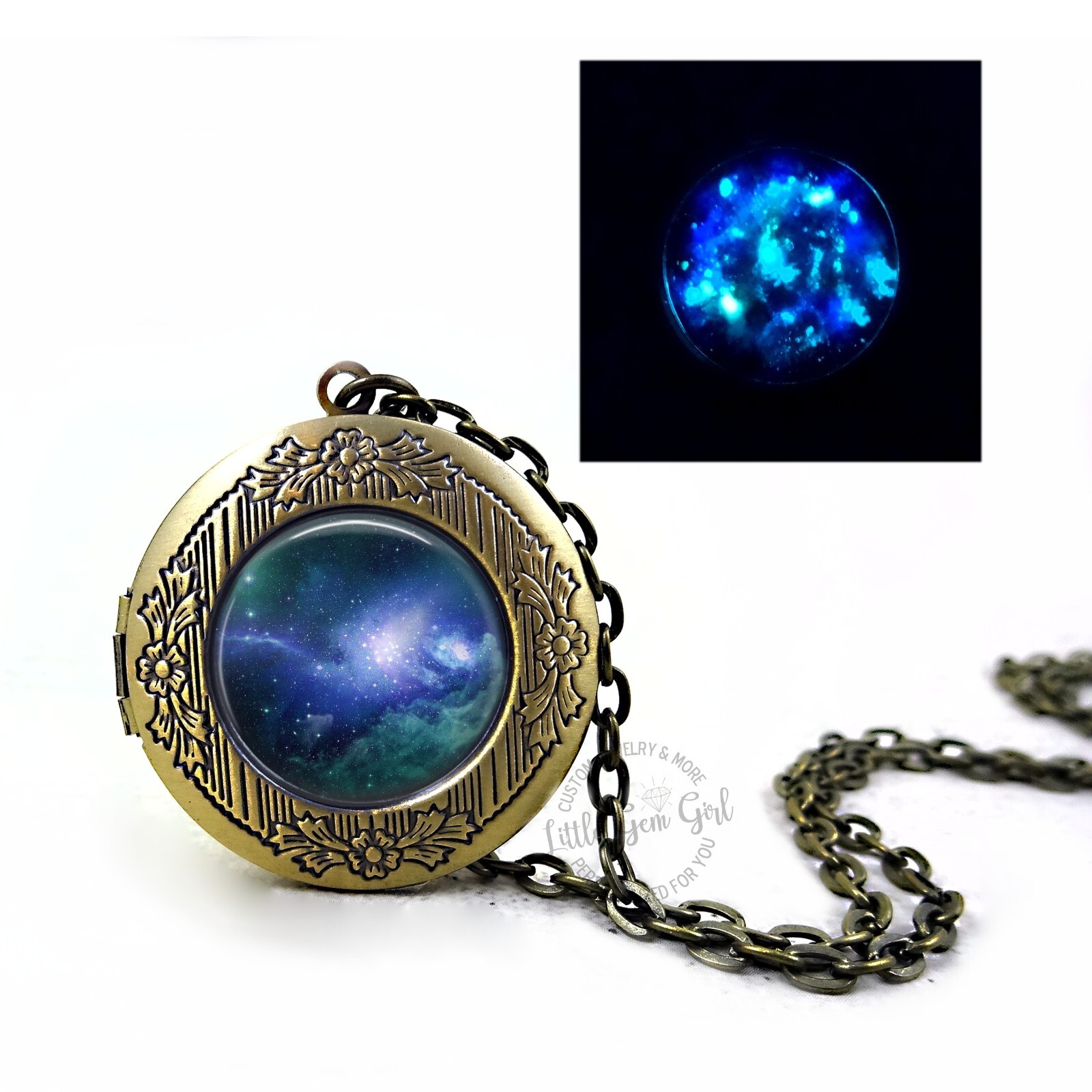 Custom Glowing Galaxy Space Locket, 32mm Round Photo Pendant Necklace