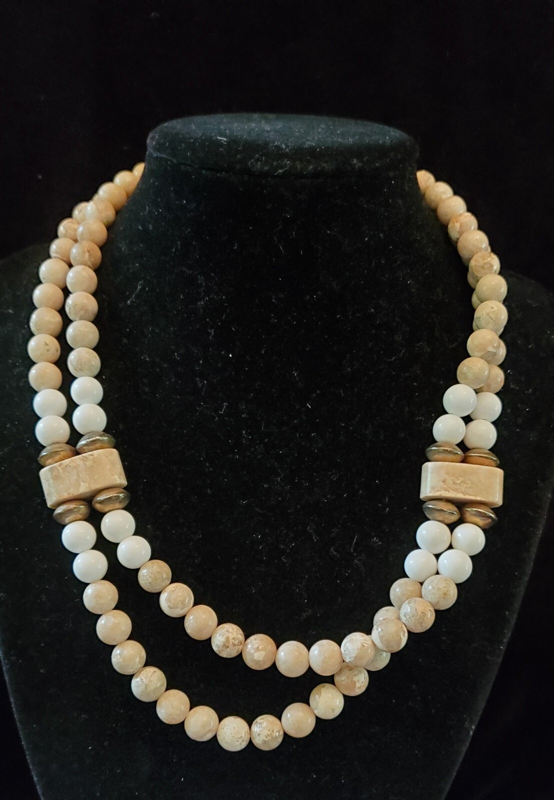 Jasper Beaded Necklace w/ Antique Gold-tone Spacers. 17″ . Beads approx .25″
