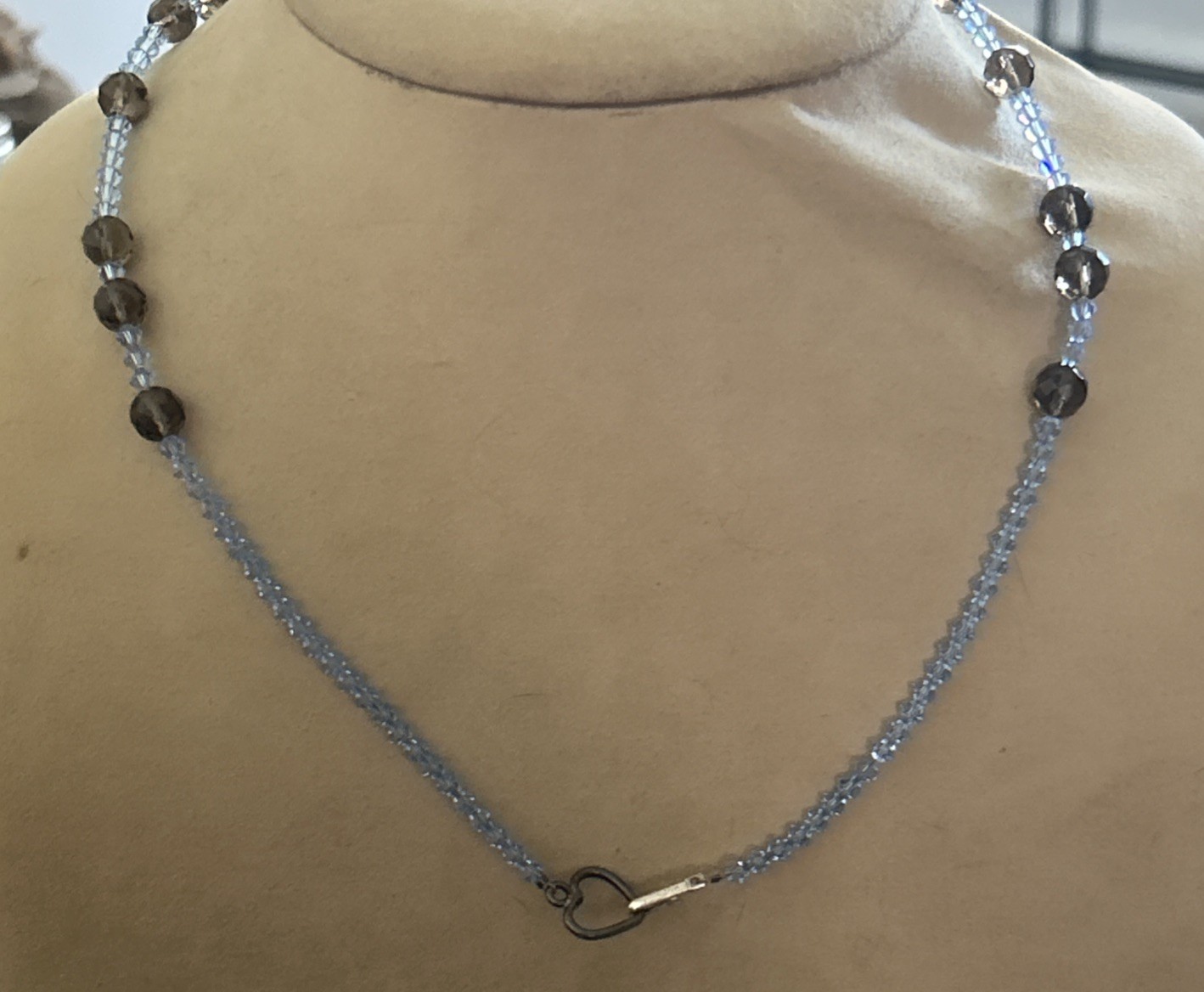 Artisan faceted smoky quartz blue crystal 20 inch beaded necklace