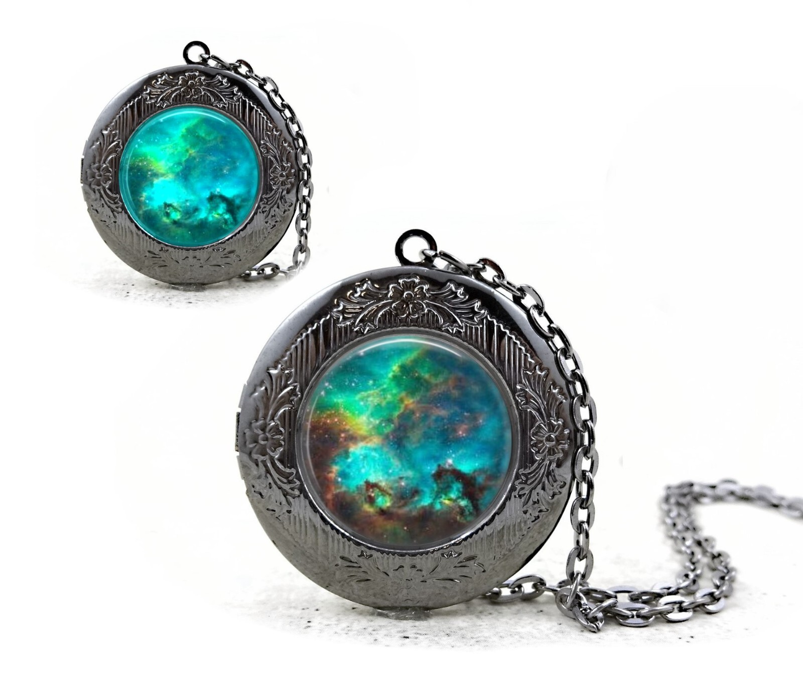 Custom Glowing Galaxy Space Locket, 32mm Round Photo Pendant Necklace