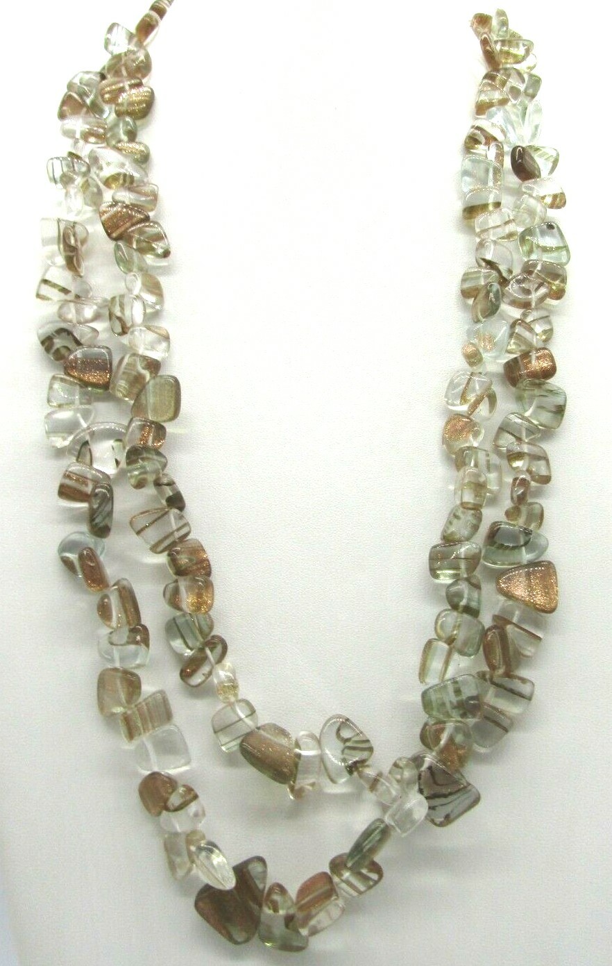 Beautiful Gold Flecks Aventurine Art Glass Sterling Clasp Flapper Necklace 60″ L